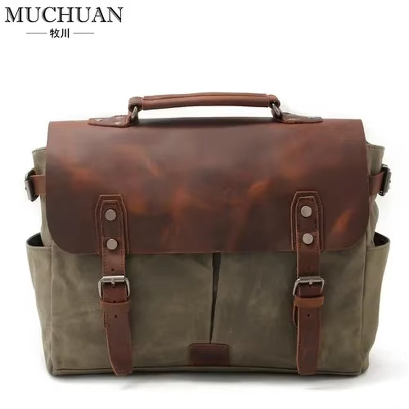 Vintage Men'S Canvas Crazy Horse Leather Shoulder Messenger Bag Computer Bag Official Knight Motorcycle Bag