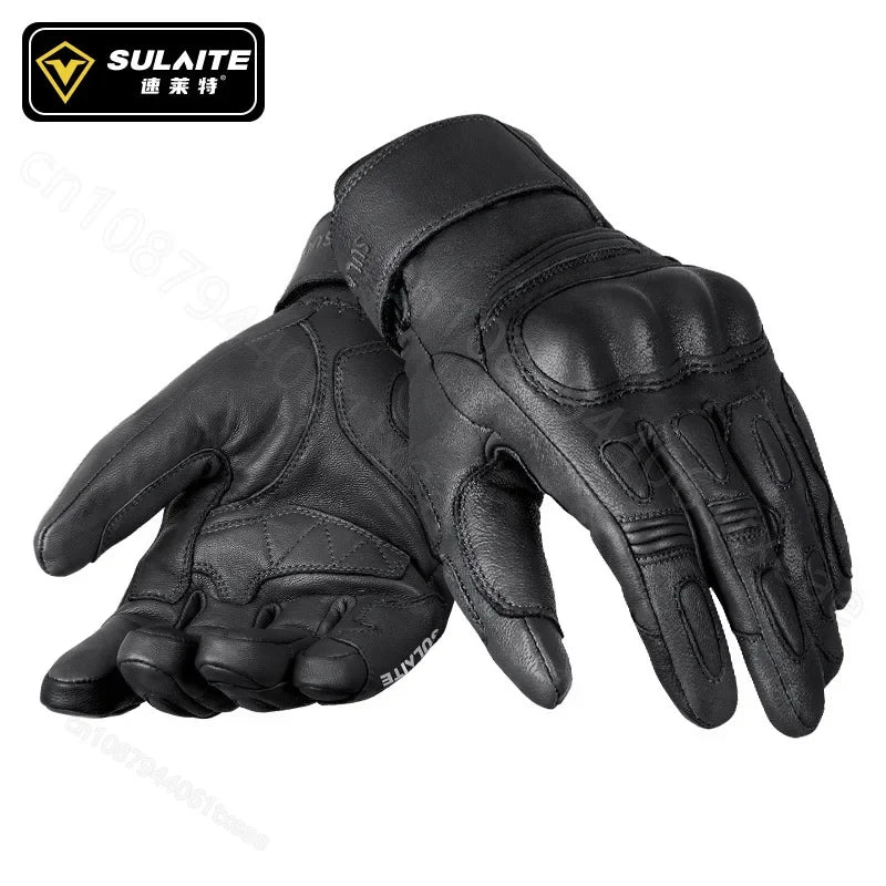 SULAITE Goatskin Warm plus Fleece Cycling Gloves Motorcycle Touchscreen Vintage Leather Gloves Protective Cycling Gloves Guantes