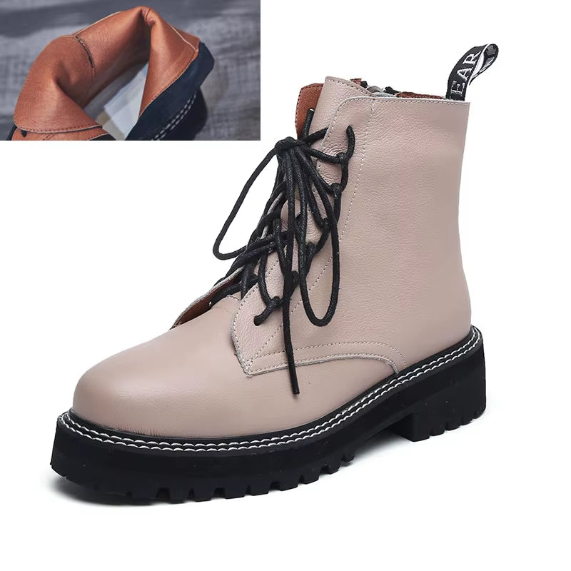 MORAZORA 2024 Genuine Leather Boots Women Shoes Thick Sole Lace up Autumn Winter Short Ankle Boots for Women Motorcycle Boots