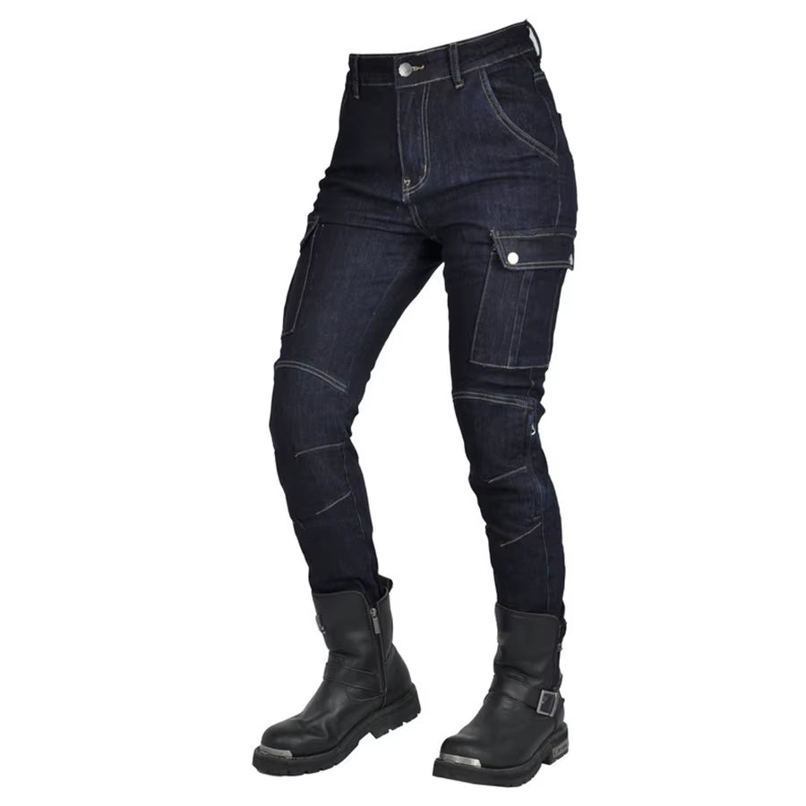2024 New Motorcycle Dark Blue Jeans Women Silicone Protector Detachable Racing Road Rider Four Seasons Casual Fashion Pants