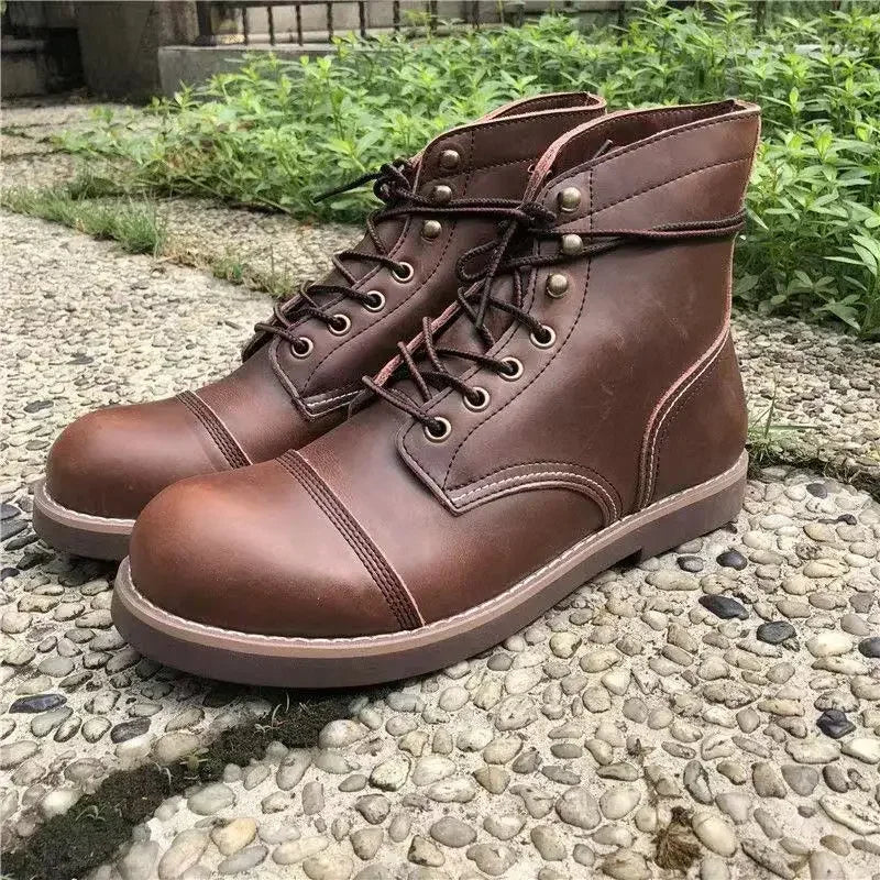 Winter Vintage Tooling Men Motorcycle Boots Quality Cow Leather round Toe Brwon Casual Ankles Shoes Zapatos Hombre