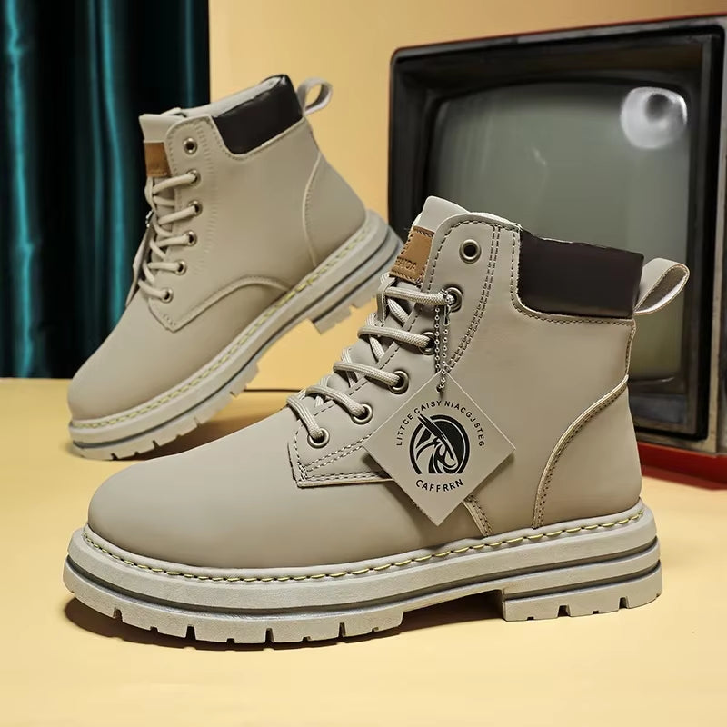 Motorcycle Boots Lace up Winter Black High Top Leisure All-Match Men'S Casual Boots Non-Slip Trend Rubber Men Flat Boots