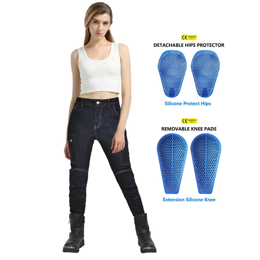 2024 New Motorcycle Dark Blue Jeans Women Silicone Protector Detachable Racing Road Rider Four Seasons Casual Fashion Pants