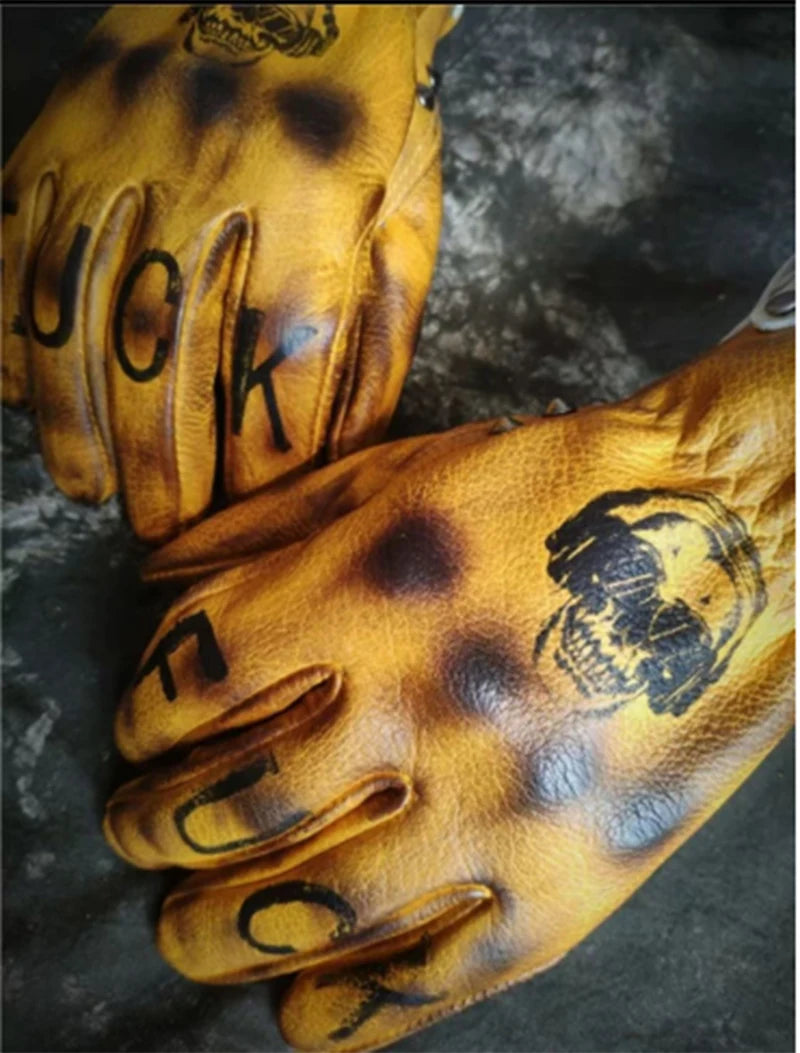 Handmade Genuine Leather Motorcycle Gloves Retro Motocross Vintage Riding Biker Moto Gloves Motorbike Full Finger Gloves