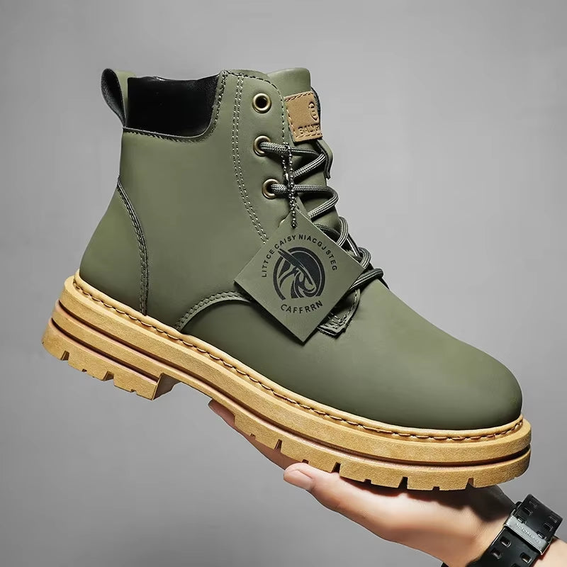 Motorcycle Boots Lace up Winter Black High Top Leisure All-Match Men'S Casual Boots Non-Slip Trend Rubber Men Flat Boots