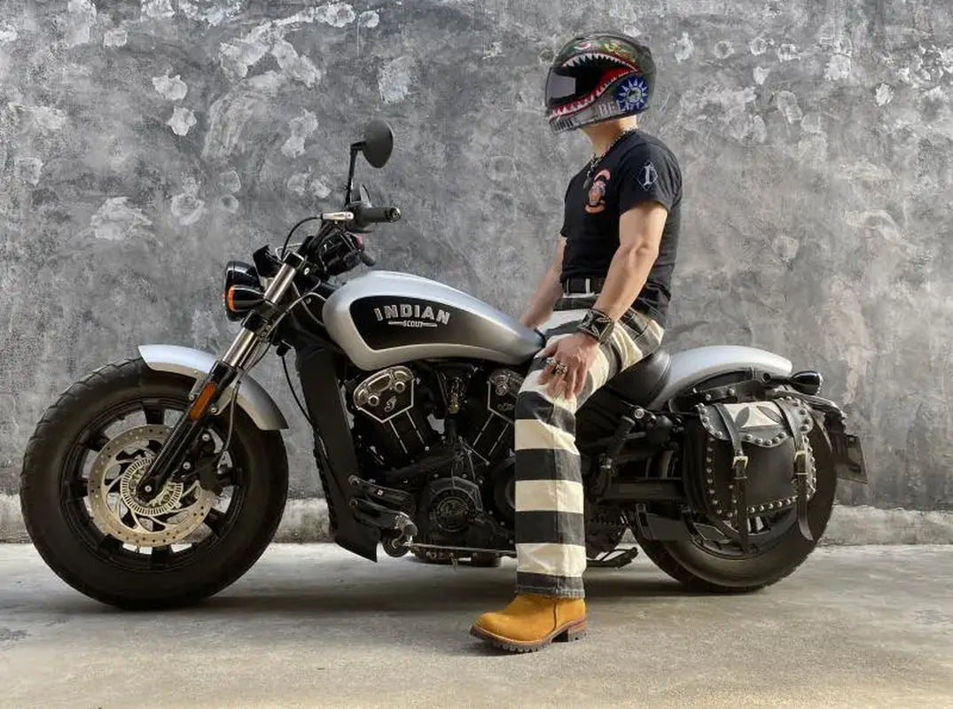BOB DONG Prisoner Striped Motorcycle Pants for Men Vintage 16Oz Biker Trousers
