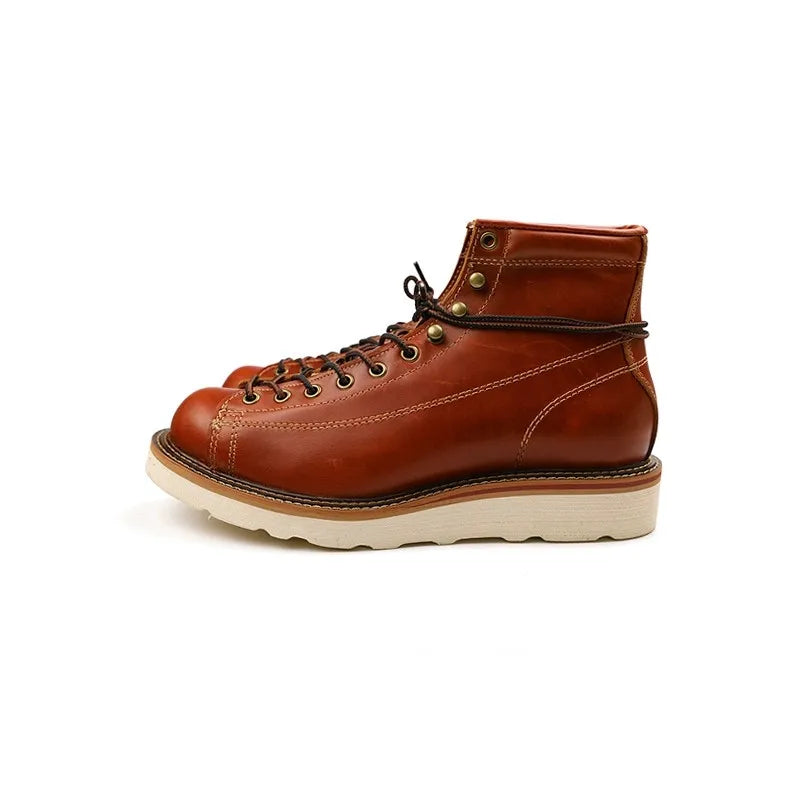 Handmade Quality Fashion Vintage Men Shoes Autumn Winter Real Leather Ankle Boots Tooling round Toe Motorcycle Boots Platform