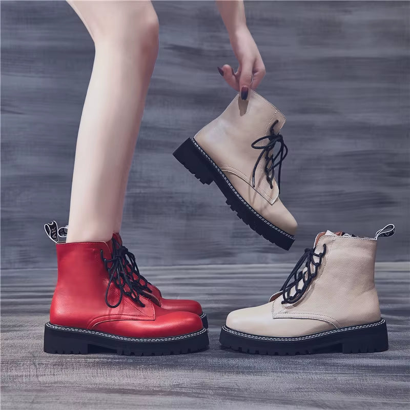 MORAZORA 2024 Genuine Leather Boots Women Shoes Thick Sole Lace up Autumn Winter Short Ankle Boots for Women Motorcycle Boots