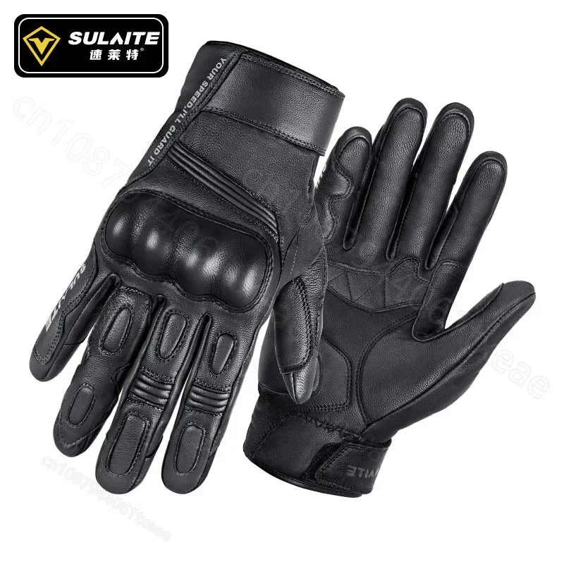 SULAITE Goatskin Warm plus Fleece Cycling Gloves Motorcycle Touchscreen Vintage Leather Gloves Protective Cycling Gloves Guantes