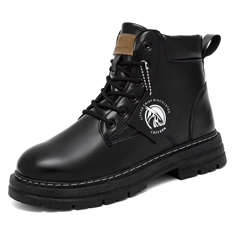 Motorcycle Boots Lace up Winter Black High Top Leisure All-Match Men'S Casual Boots Non-Slip Trend Rubber Men Flat Boots