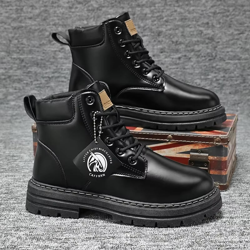 Motorcycle Boots Lace up Winter Black High Top Leisure All-Match Men'S Casual Boots Non-Slip Trend Rubber Men Flat Boots