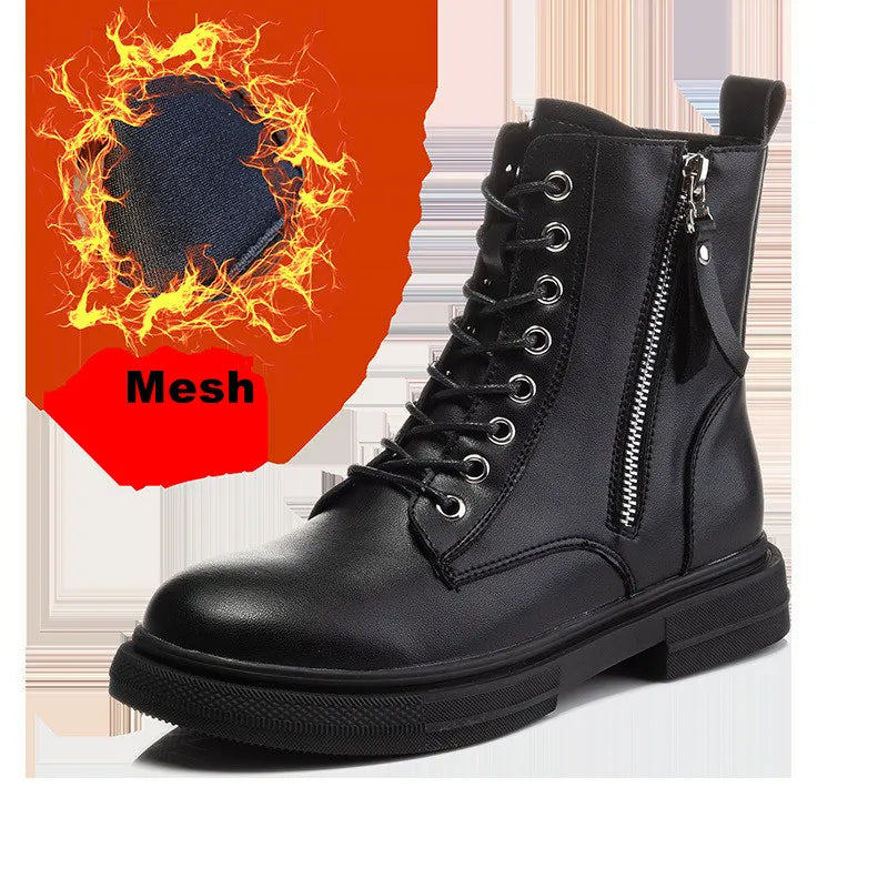 WOIZGIC Women'S Ladies Genuine Leather Female Shoes Ankle Boots Platform Lace up Warm Winter Autumn Fur Plush Motorcycle