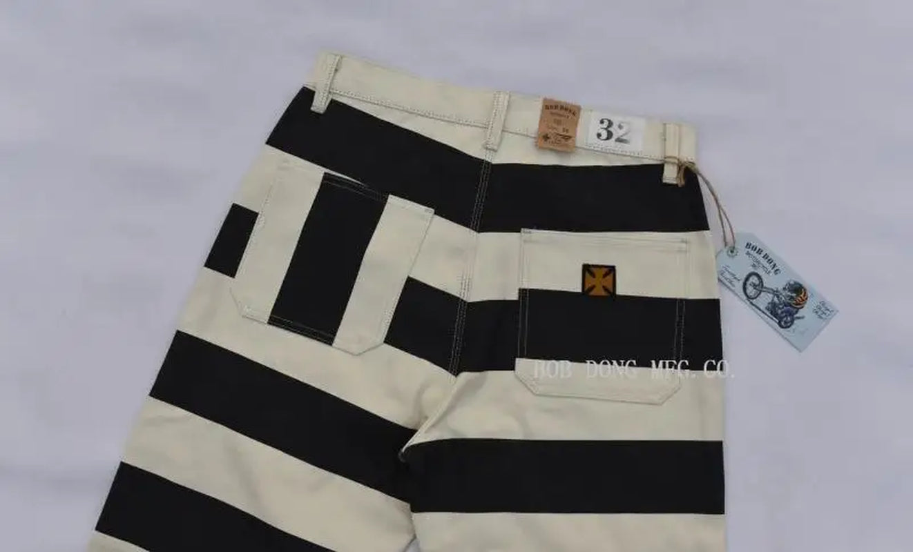 BOB DONG Prisoner Striped Motorcycle Pants for Men Vintage 16Oz Biker Trousers