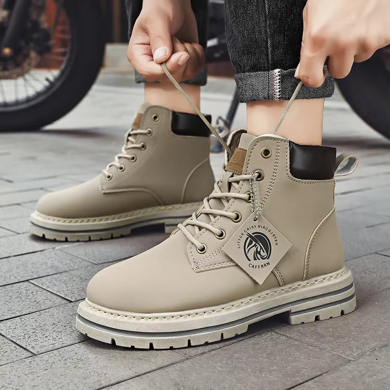 Motorcycle Boots Lace up Winter Black High Top Leisure All-Match Men'S Casual Boots Non-Slip Trend Rubber Men Flat Boots