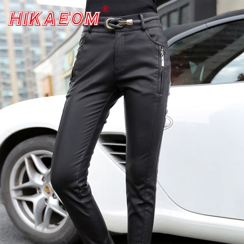 Hot Sale Chic Women Pu Leather Motorcycle Pants Fashion Streetwear High Waist Pencil Pants Skinny Trousers for Women (No Belt)