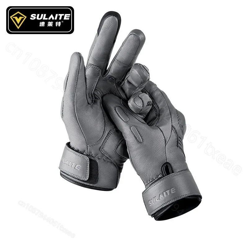 SULAITE Goatskin Warm plus Fleece Cycling Gloves Motorcycle Touchscreen Vintage Leather Gloves Protective Cycling Gloves Guantes