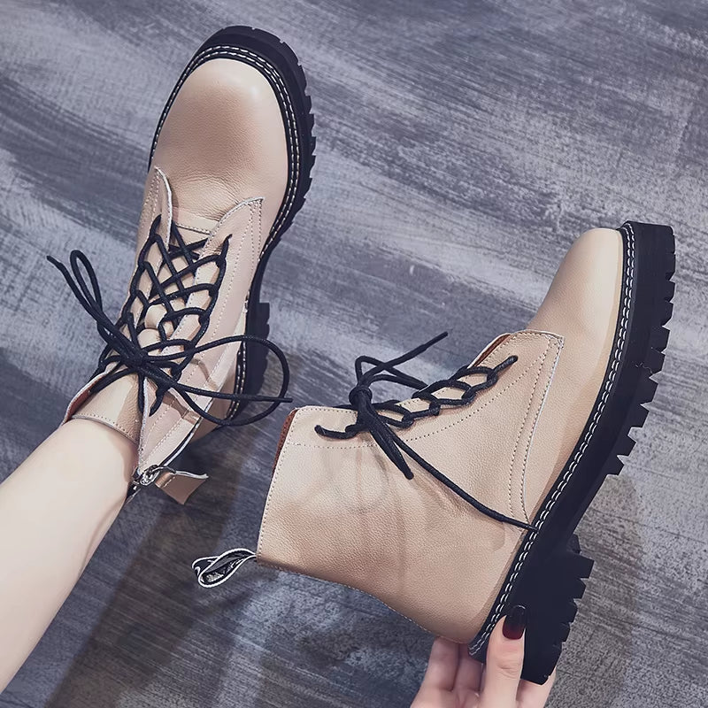 MORAZORA 2024 Genuine Leather Boots Women Shoes Thick Sole Lace up Autumn Winter Short Ankle Boots for Women Motorcycle Boots