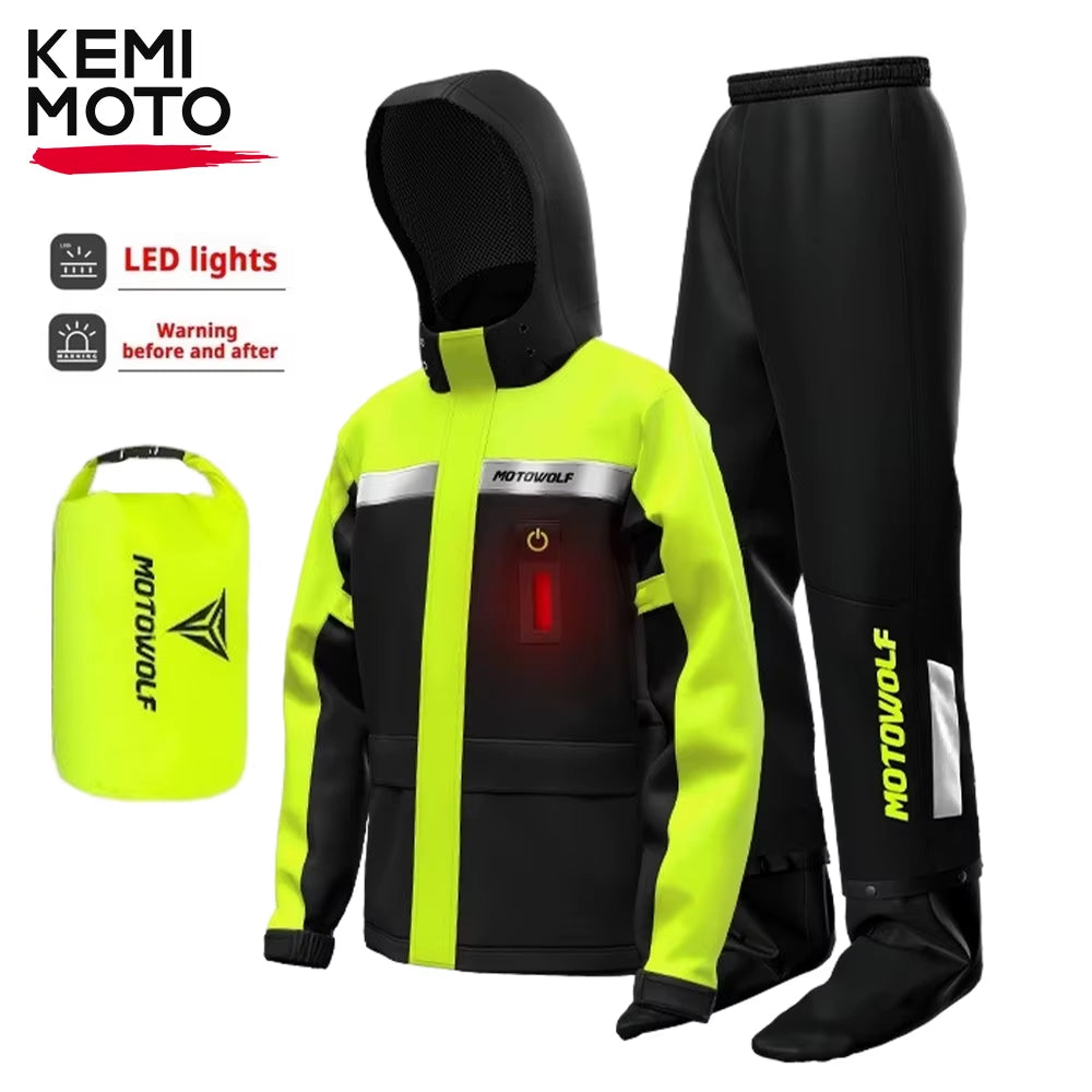 Summer Motorcycle Raincoat Rain Jacket Pants LED Alert Split Suit Rainstorm Waterproof Reflective Impermeable for Outdoor Riding