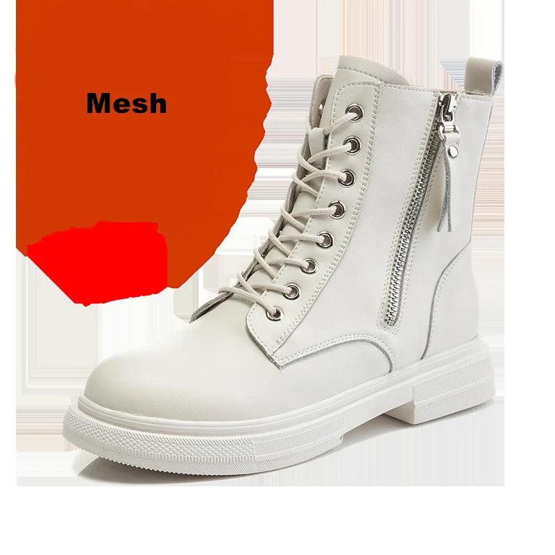WOIZGIC Women'S Ladies Genuine Leather Female Shoes Ankle Boots Platform Lace up Warm Winter Autumn Fur Plush Motorcycle