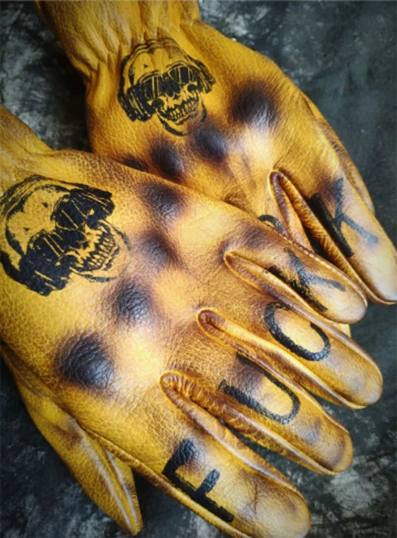 Handmade Genuine Leather Motorcycle Gloves Retro Motocross Vintage Riding Biker Moto Gloves Motorbike Full Finger Gloves