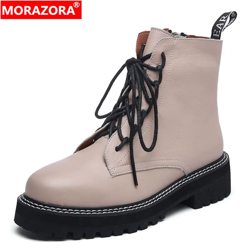 MORAZORA 2024 Genuine Leather Boots Women Shoes Thick Sole Lace up Autumn Winter Short Ankle Boots for Women Motorcycle Boots