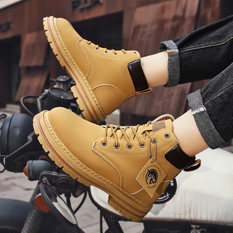 Motorcycle Boots Lace up Winter Black High Top Leisure All-Match Men'S Casual Boots Non-Slip Trend Rubber Men Flat Boots