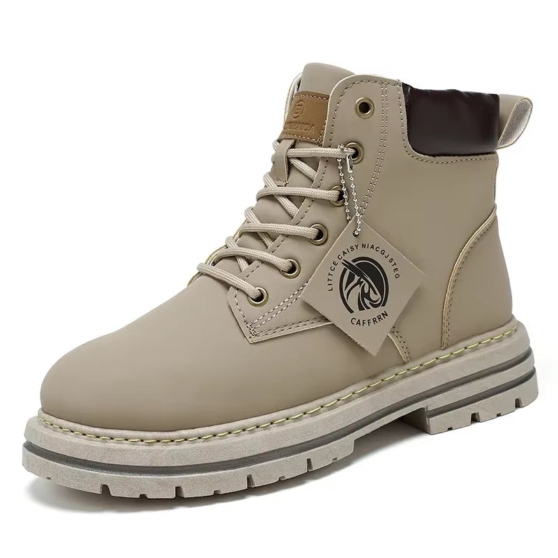 Motorcycle Boots Lace up Winter Black High Top Leisure All-Match Men'S Casual Boots Non-Slip Trend Rubber Men Flat Boots