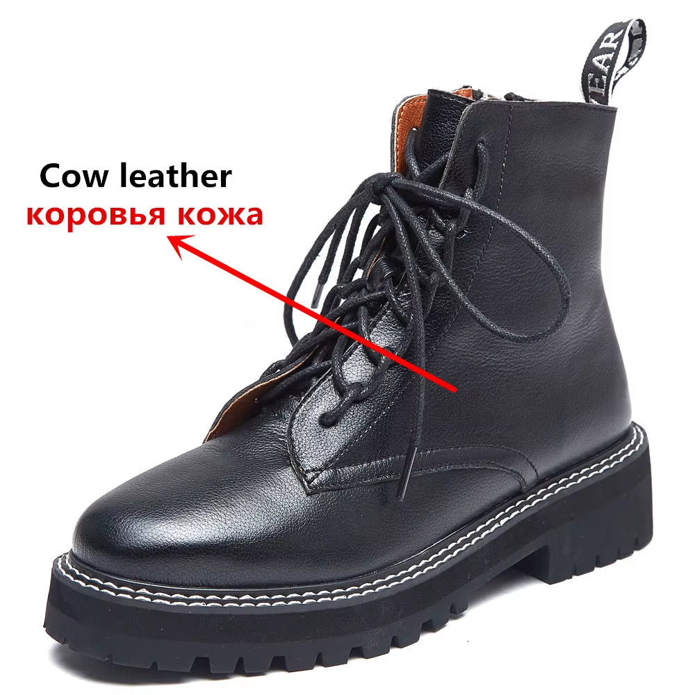 MORAZORA 2024 Genuine Leather Boots Women Shoes Thick Sole Lace up Autumn Winter Short Ankle Boots for Women Motorcycle Boots