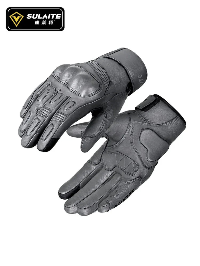 SULAITE Goatskin Warm plus Fleece Cycling Gloves Motorcycle Touchscreen Vintage Leather Gloves Protective Cycling Gloves Guantes
