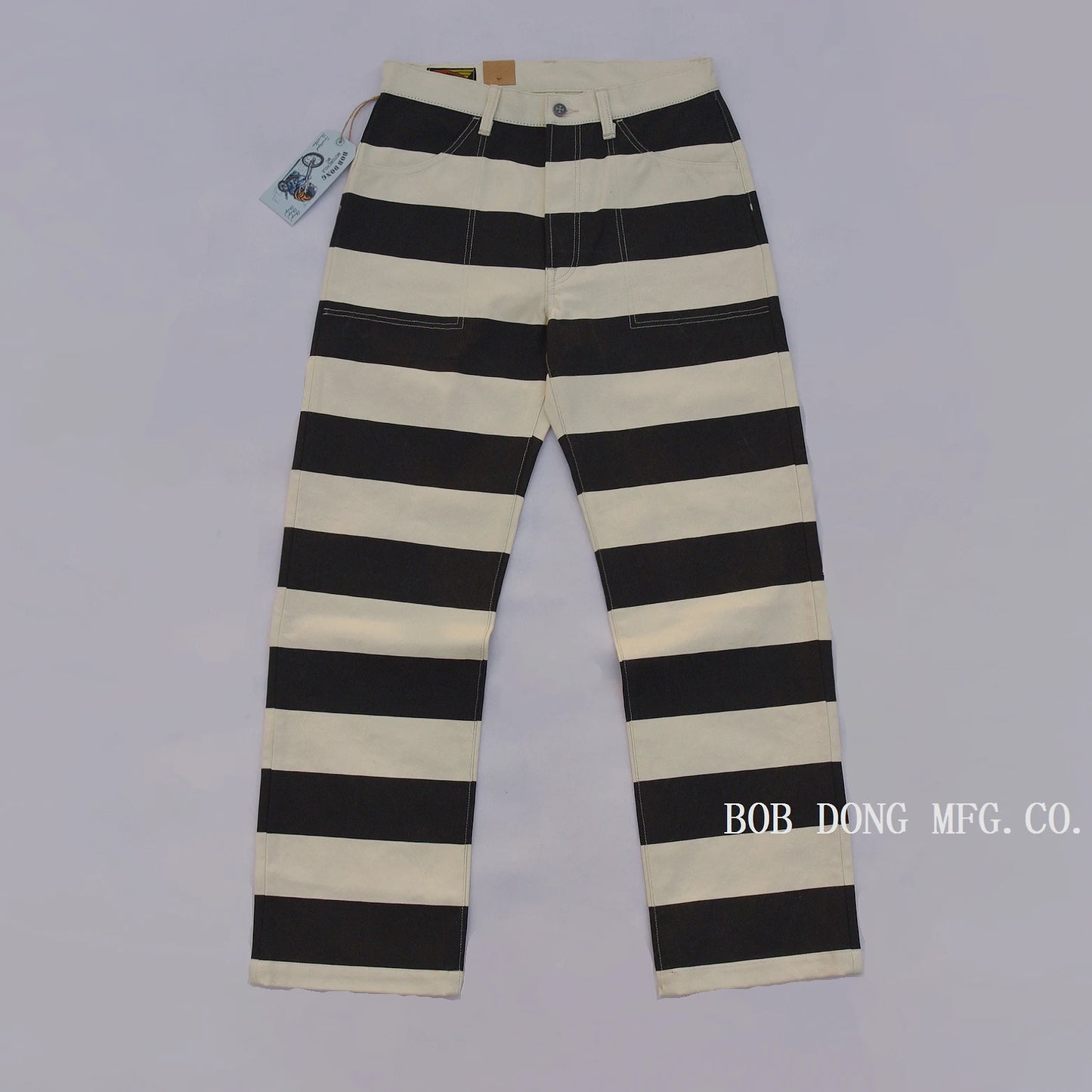 BOB DONG Prisoner Striped Motorcycle Pants for Men Vintage 16Oz Biker Trousers