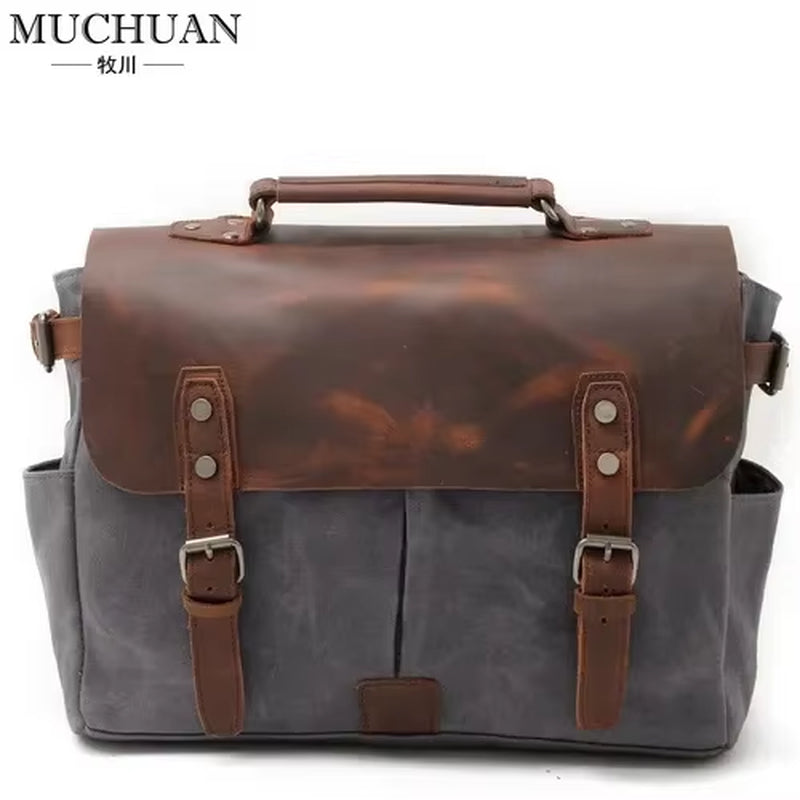 Vintage Men'S Canvas Crazy Horse Leather Shoulder Messenger Bag Computer Bag Official Knight Motorcycle Bag