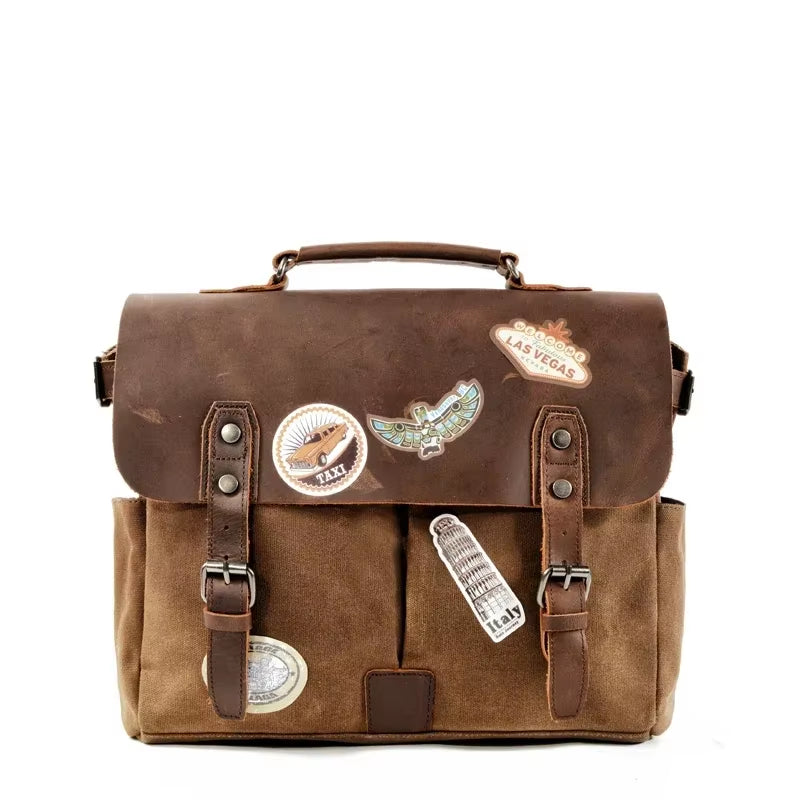 Vintage Men'S Canvas Crazy Horse Leather Shoulder Messenger Bag Computer Bag Official Knight Motorcycle Bag