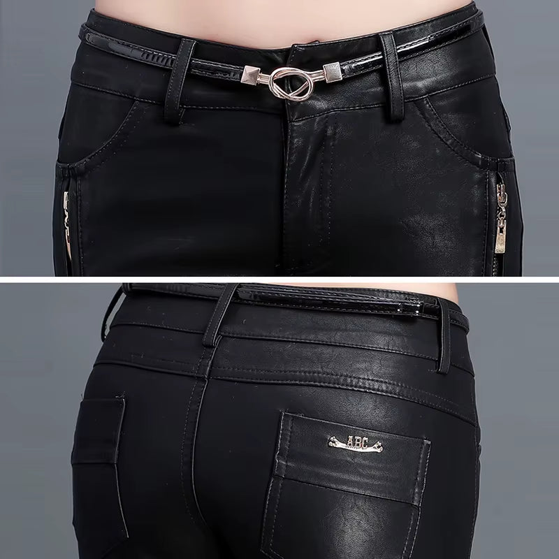 Hot Sale Chic Women Pu Leather Motorcycle Pants Fashion Streetwear High Waist Pencil Pants Skinny Trousers for Women (No Belt)