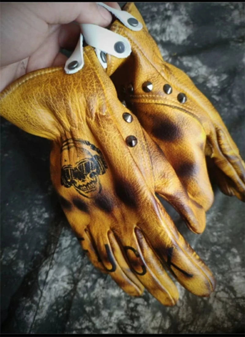 Handmade Genuine Leather Motorcycle Gloves Retro Motocross Vintage Riding Biker Moto Gloves Motorbike Full Finger Gloves