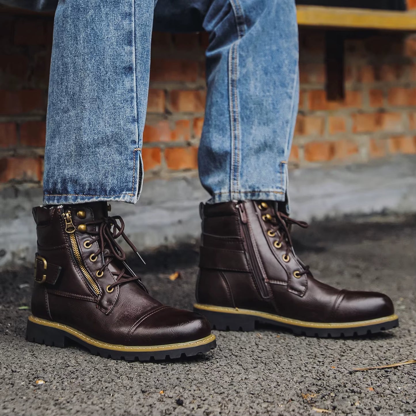 Metal Double Zipper Motorcycle Men Boots Fashionable Men Mid Top Boots Botas Motocross Racing Shoes