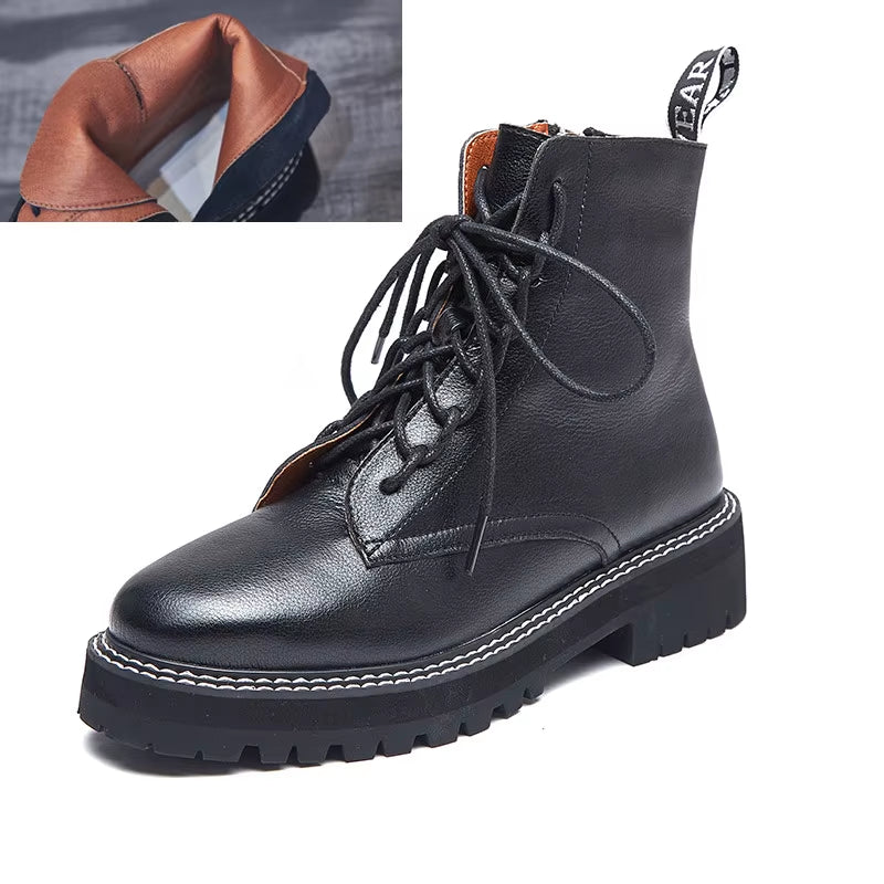 MORAZORA 2024 Genuine Leather Boots Women Shoes Thick Sole Lace up Autumn Winter Short Ankle Boots for Women Motorcycle Boots