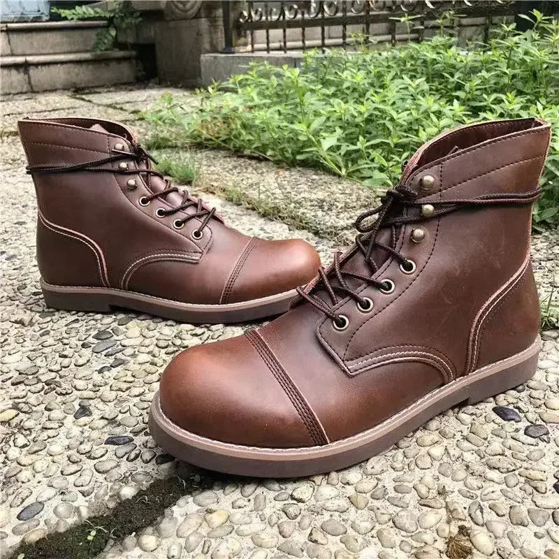 Winter Vintage Tooling Men Motorcycle Boots Quality Cow Leather round Toe Brwon Casual Ankles Shoes Zapatos Hombre