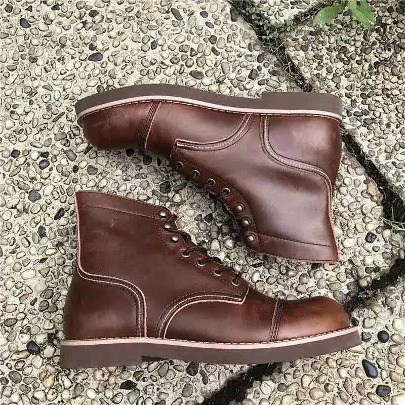 Winter Vintage Tooling Men Motorcycle Boots Quality Cow Leather round Toe Brwon Casual Ankles Shoes Zapatos Hombre