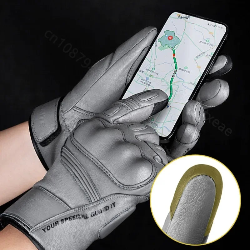 SULAITE Goatskin Warm plus Fleece Cycling Gloves Motorcycle Touchscreen Vintage Leather Gloves Protective Cycling Gloves Guantes