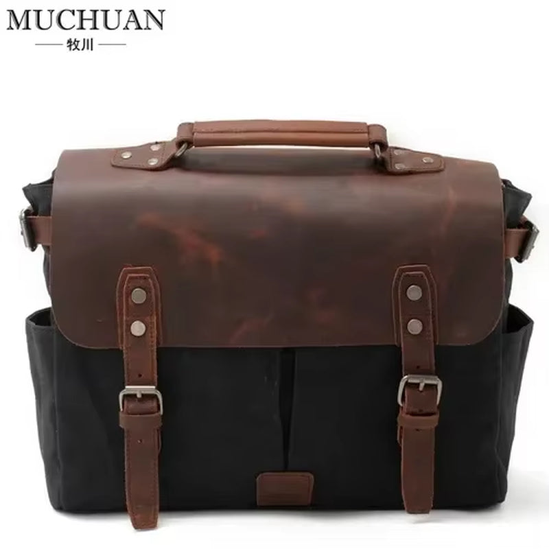 Vintage Men'S Canvas Crazy Horse Leather Shoulder Messenger Bag Computer Bag Official Knight Motorcycle Bag