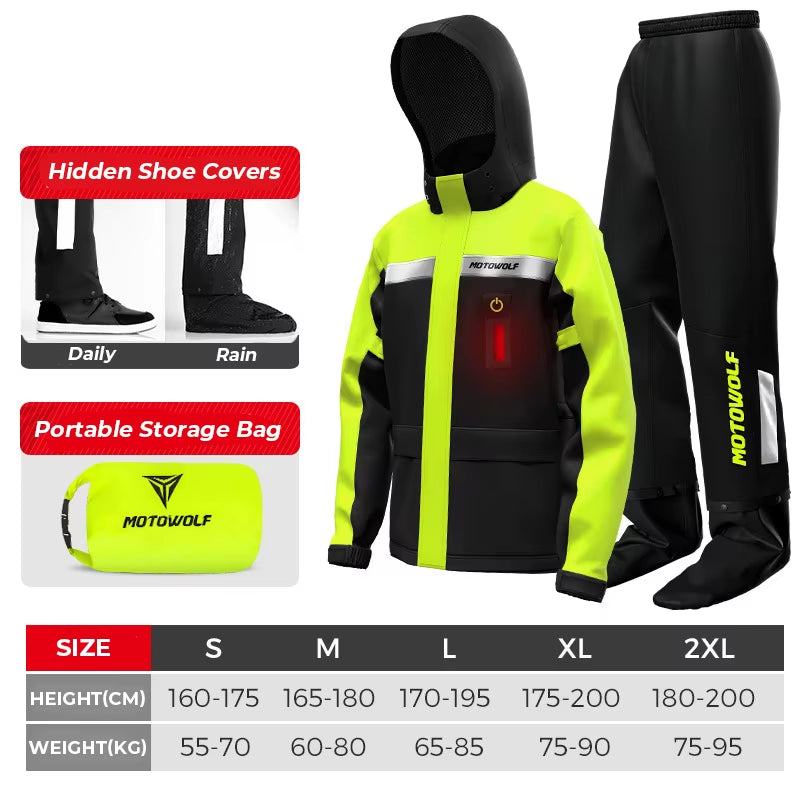 Summer Motorcycle Raincoat Rain Jacket Pants LED Alert Split Suit Rainstorm Waterproof Reflective Impermeable for Outdoor Riding