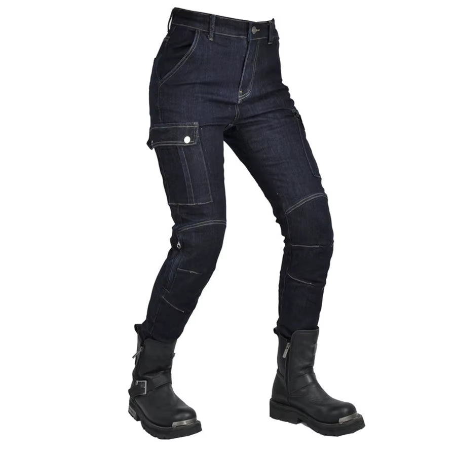 2024 New Motorcycle Dark Blue Jeans Women Silicone Protector Detachable Racing Road Rider Four Seasons Casual Fashion Pants