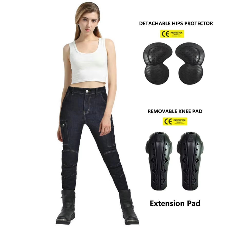 2024 New Motorcycle Dark Blue Jeans Women Silicone Protector Detachable Racing Road Rider Four Seasons Casual Fashion Pants