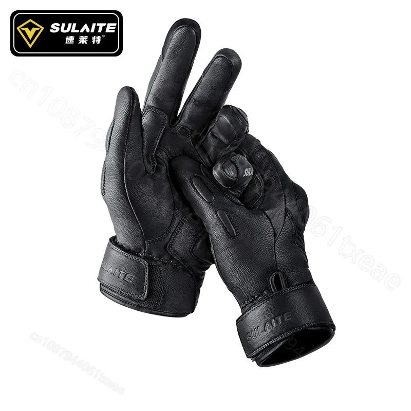 SULAITE Goatskin Warm plus Fleece Cycling Gloves Motorcycle Touchscreen Vintage Leather Gloves Protective Cycling Gloves Guantes