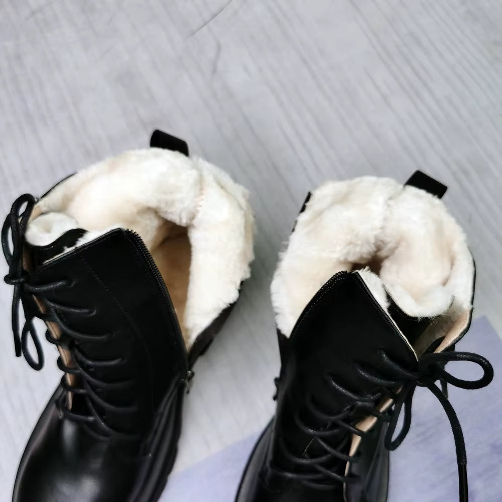 QUTAA 2022 Women Motorcycle Boots Winter Warm plus Plush round Toe Genuine Leather Shoes Plush Lace up Ankle Boots Size 34-43
