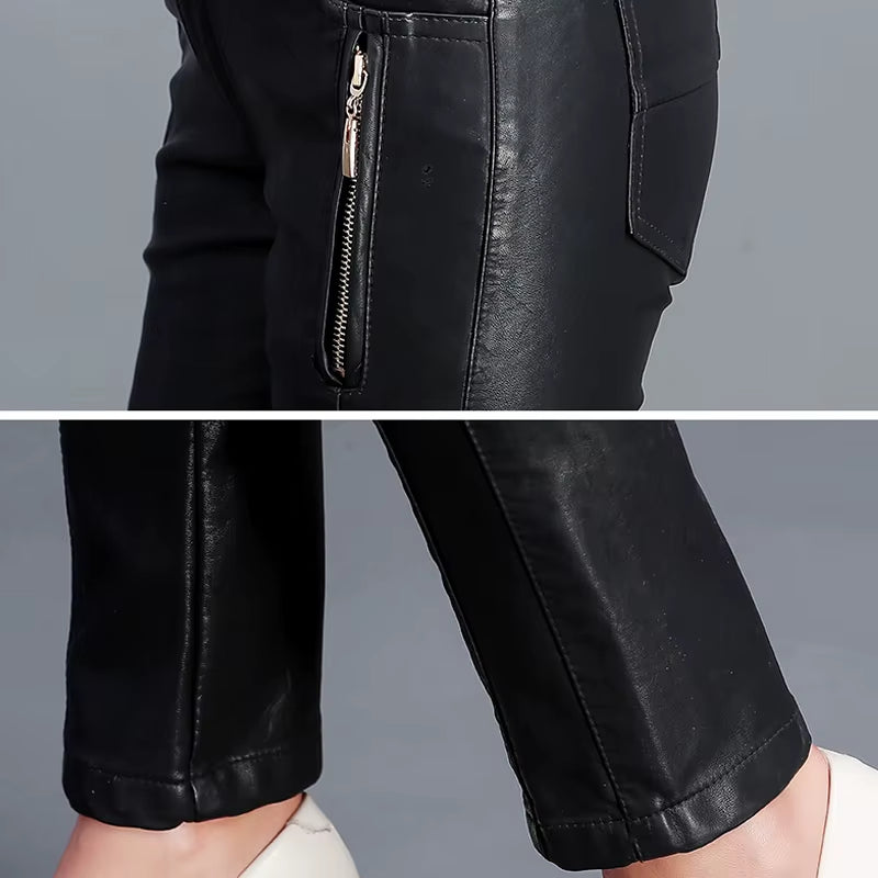 Hot Sale Chic Women Pu Leather Motorcycle Pants Fashion Streetwear High Waist Pencil Pants Skinny Trousers for Women (No Belt)