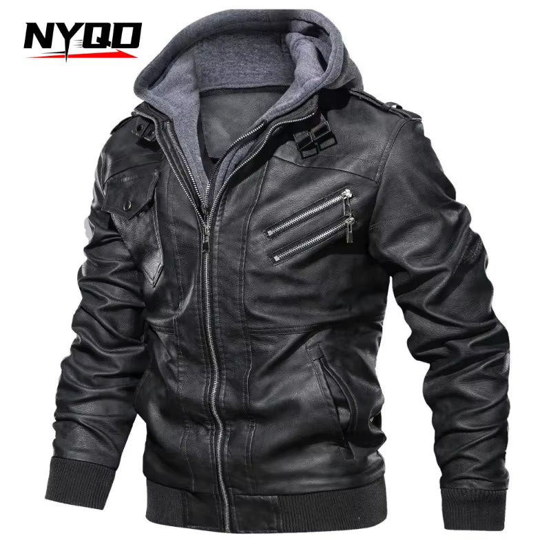 Hood Leather Jacket Streetwear Biker Coat Slim Fit Autumn Winter Coat Men Fur Lined Men Motorcycle Jacket Fashion Men Jacket