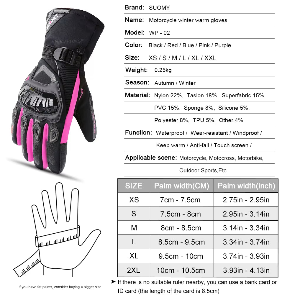 SUOMY Winter Warm Women Pink Motorcycle Gloves 100%Waterproof Lady Teens Girls Purple Motocross Motorbike Racing Riding Gloves
