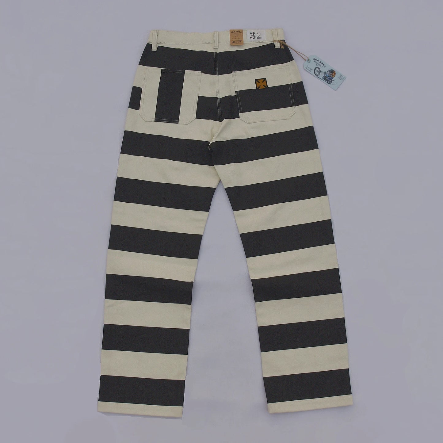 BOB DONG Prisoner Striped Motorcycle Pants for Men Vintage 16Oz Biker Trousers