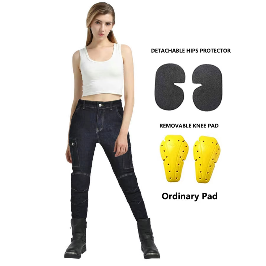 2024 New Motorcycle Dark Blue Jeans Women Silicone Protector Detachable Racing Road Rider Four Seasons Casual Fashion Pants
